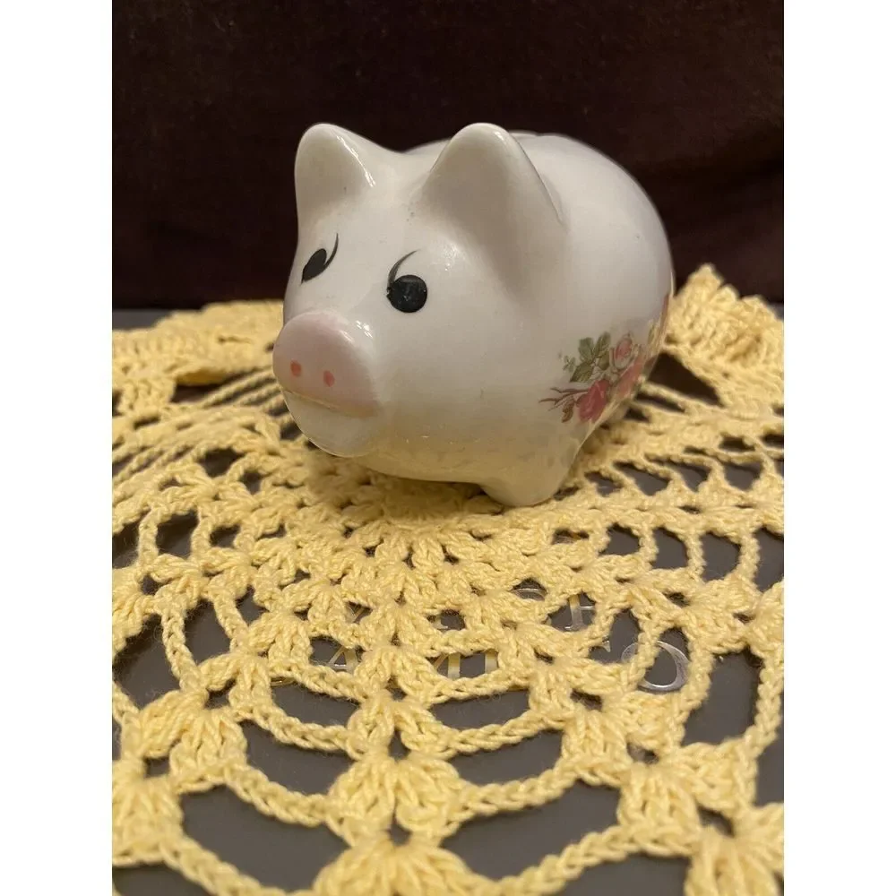 Cute VintageSassy Piggy Bank Pig Coin slot back classic White Ceramic W Florals.